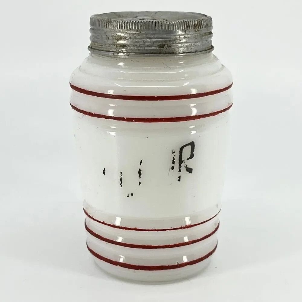 1940s Hazel Atlas Red Stripe Platonite Beehive Flour Shaker Milk Glass 4.5” TH9